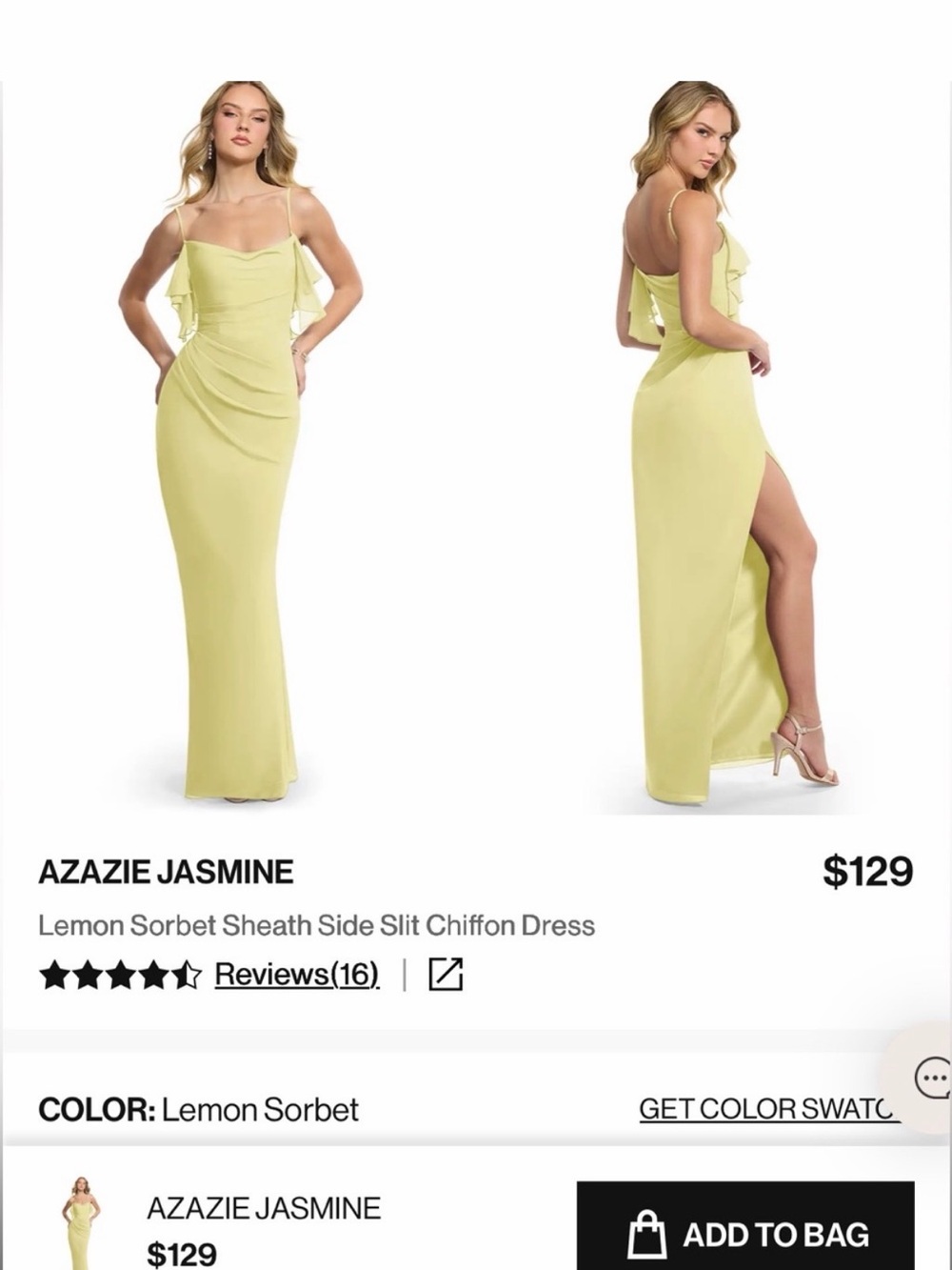 Azazie Jasmine Lemon Sorbet Chiffon Maxi Dress Size 2
